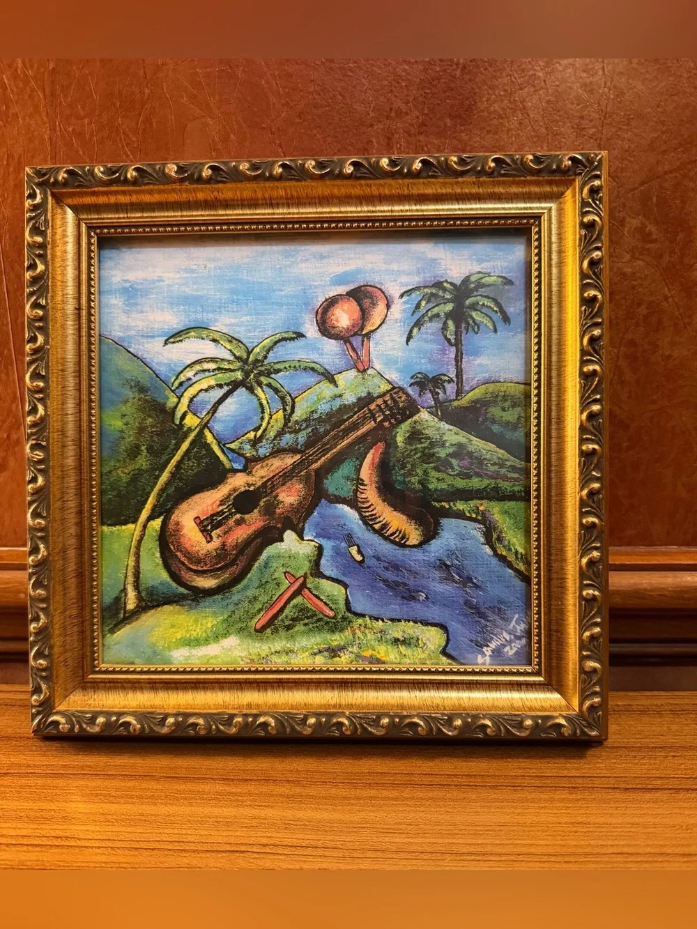 Signed Tropical Landscape Print Ornate Gold Frame Guitar Palm Trees 10”x10”